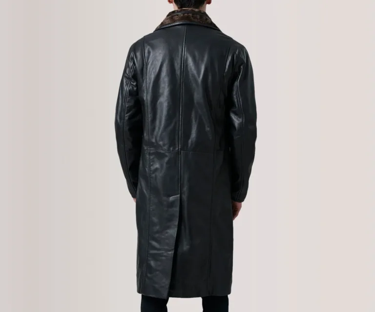 Cai Black Leather Shearling Coat — Rear Profile View