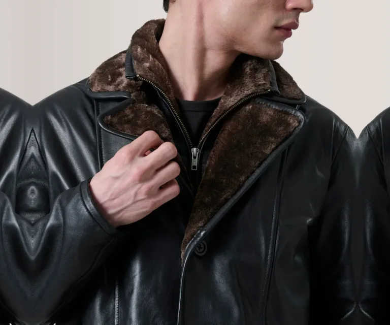 Cai Black Leather Shearling Coat — Macro Hardware & Seam Construction
