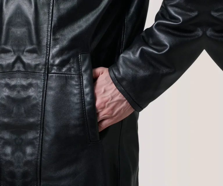 Cai Black Leather Shearling Coat — Full Editorial Model Perspective