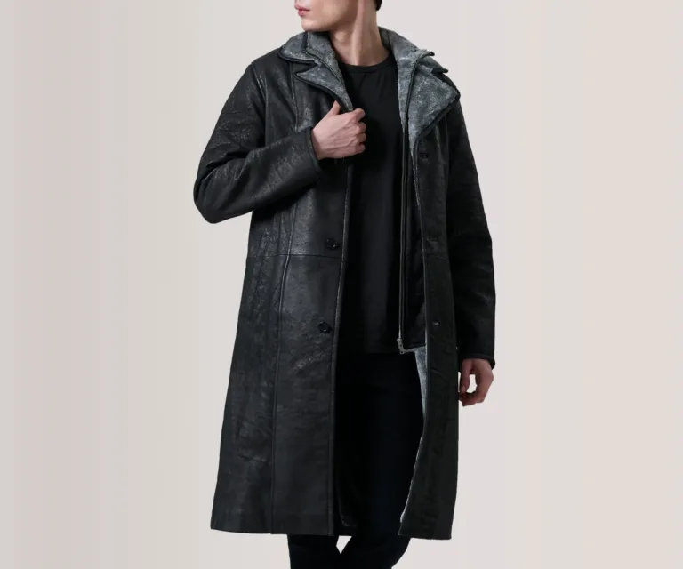 Cai Distressed Black Leather Shearling Coat — Front Hero View