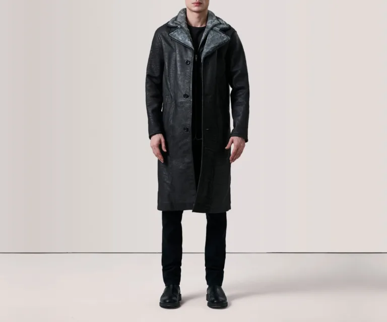 Cai Distressed Black Leather Shearling Coat — Three-Quarter Perspective