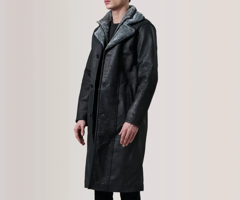 Cai Distressed Black Leather Shearling Coat — Front Detail & Closure