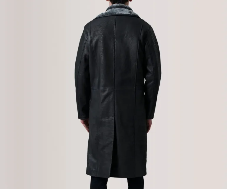 Cai Distressed Black Leather Shearling Coat — Rear Profile View