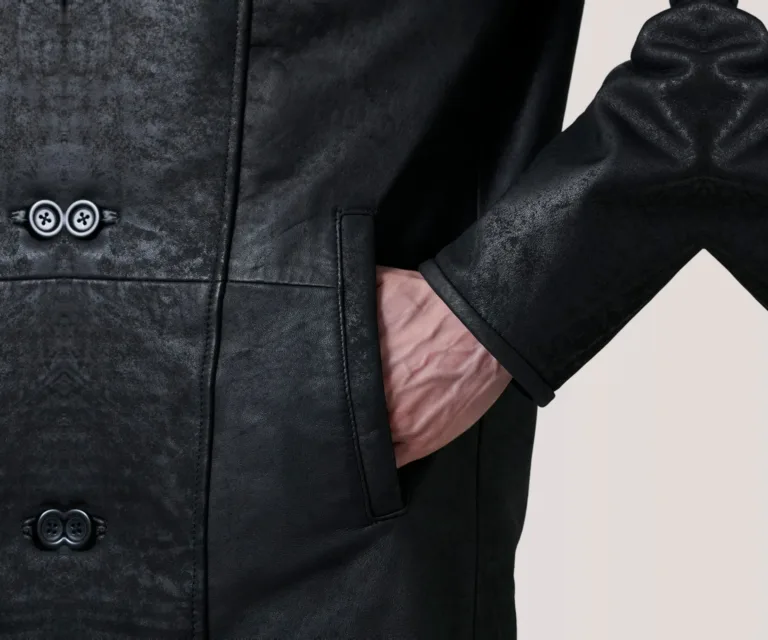 Cai Distressed Black Leather Shearling Coat — Full Editorial Model Perspective