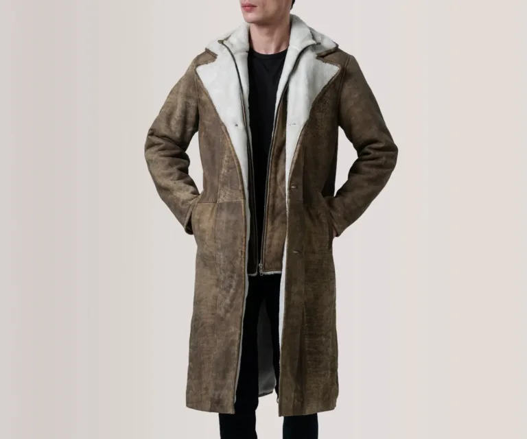Cai Distressed Brown Leather Shearling Coat — Front Hero View