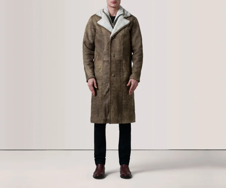 Cai Distressed Brown Leather Shearling Coat — Three-Quarter Perspective