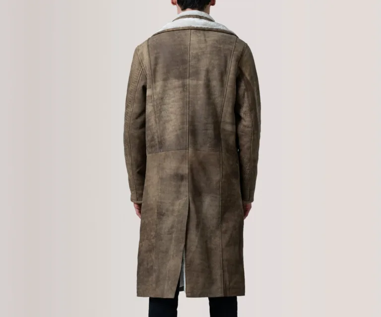 Cai Distressed Brown Leather Shearling Coat — Rear Profile View