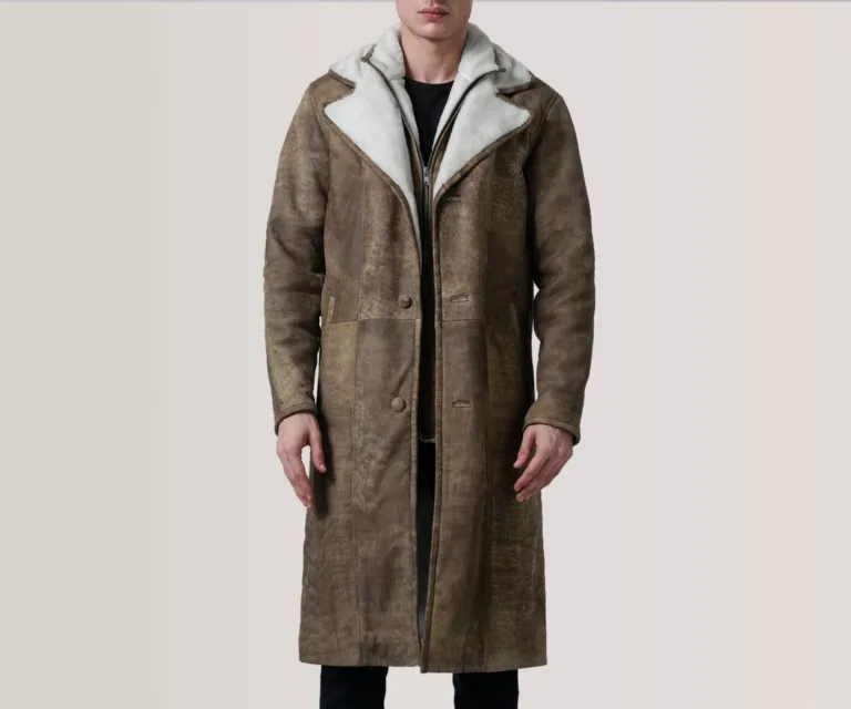Cai Distressed Brown Leather Shearling Coat — Macro Hardware & Seam Construction