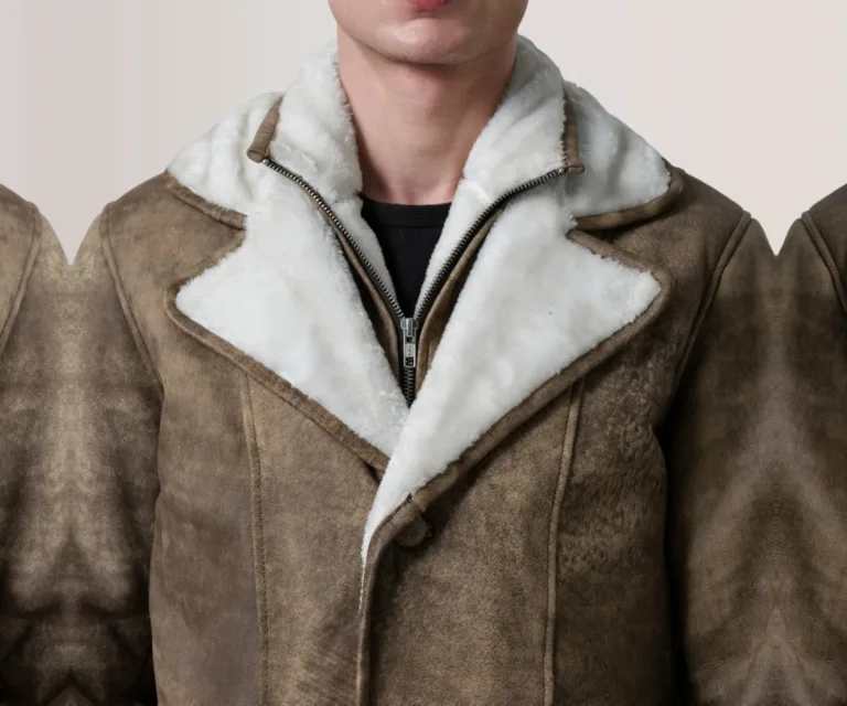 Cai Distressed Brown Leather Shearling Coat — Full Editorial Model Perspective