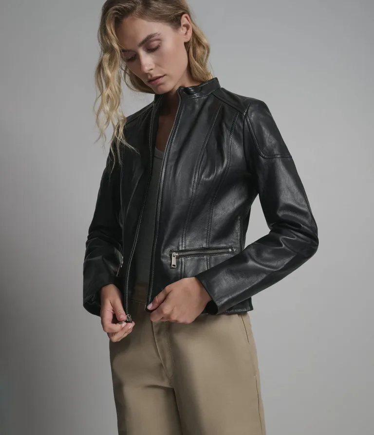 Caitlin Leather Scuba Jacket in Black, official Wilsons Leather product photo 2