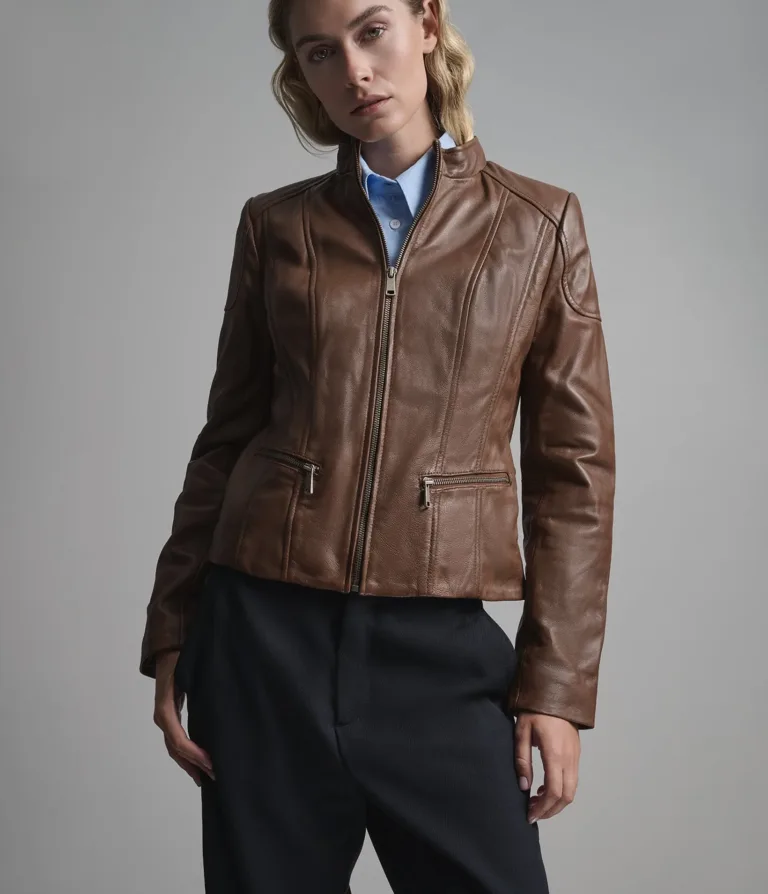 Caitlin Leather Scuba Jacket in Cognac, official Wilsons Leather product photo 2