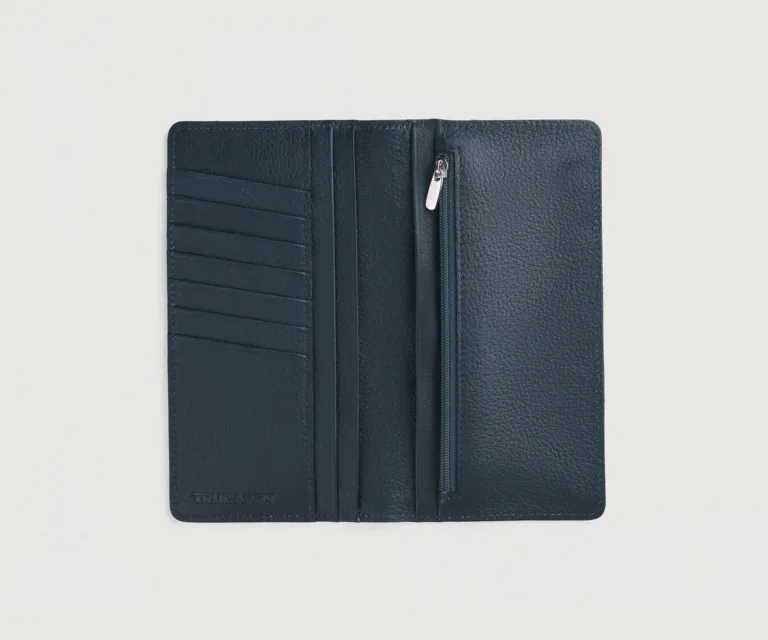 Cameron Blue Leather Long Wallet Luxury Handcrafted Leather Accessory / Gift — Macro Leather Texture & Precision Stitching