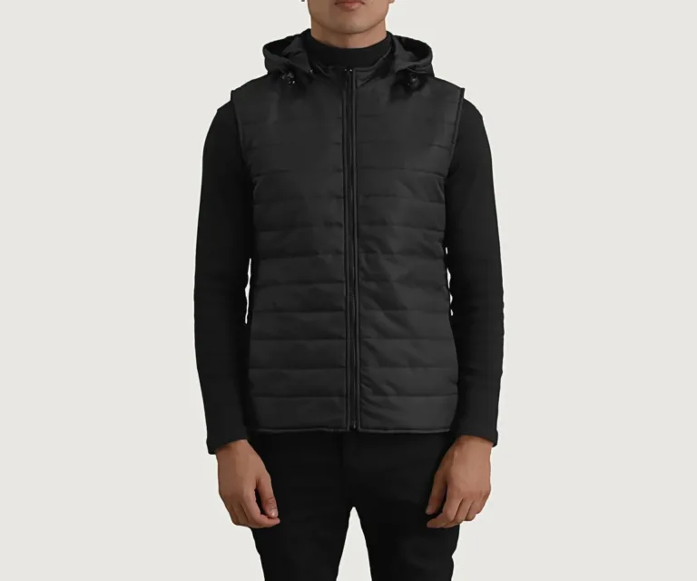 Carlo Black Hooded Puffer Vest — Front Collar & Placket Thermal Detail