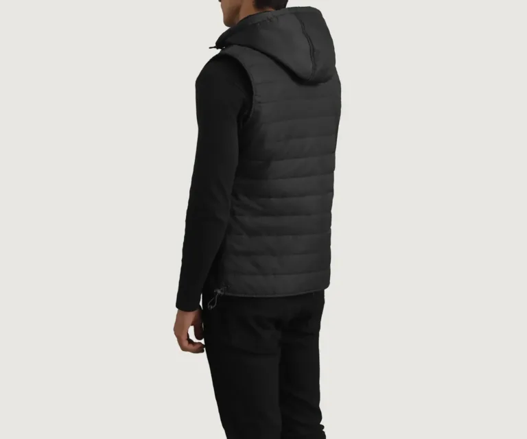 Carlo Black Hooded Puffer Vest — Rear Back View & Tailored Hemline