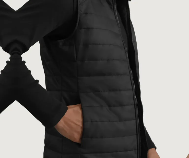 Carlo Black Hooded Puffer Vest — Macro Detail Texture, Stitching & Hardware