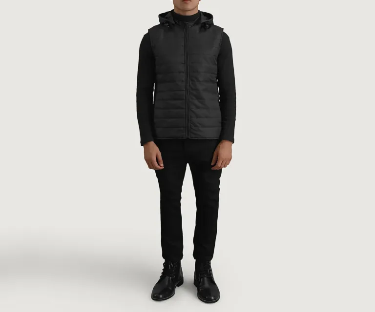 Carlo Black Hooded Puffer Vest — Full-Length Model Editorial Presentation