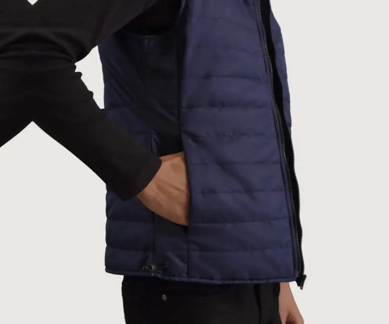 Carlo Blue Hooded Puffer Vest — Macro Hardware & Fabric Texture