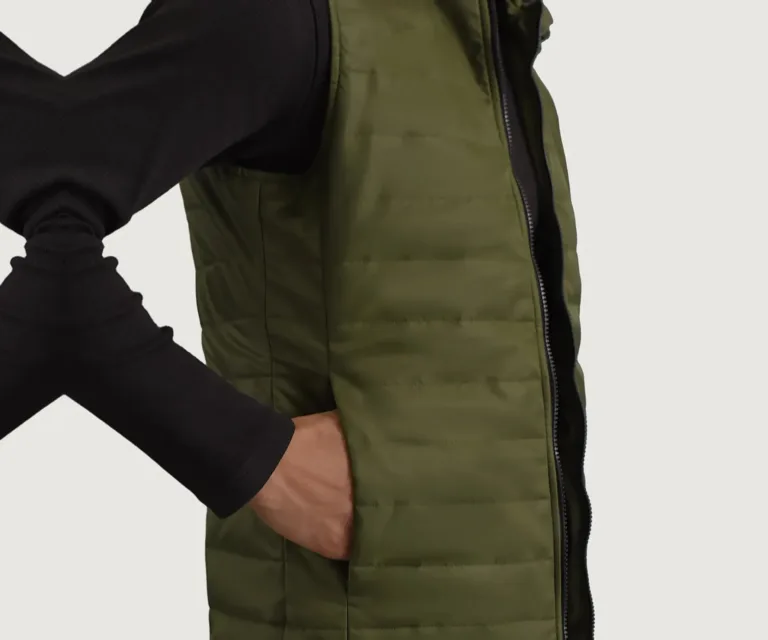 Carlo Green Hooded Puffer Vest — Macro Hardware & Fabric Texture