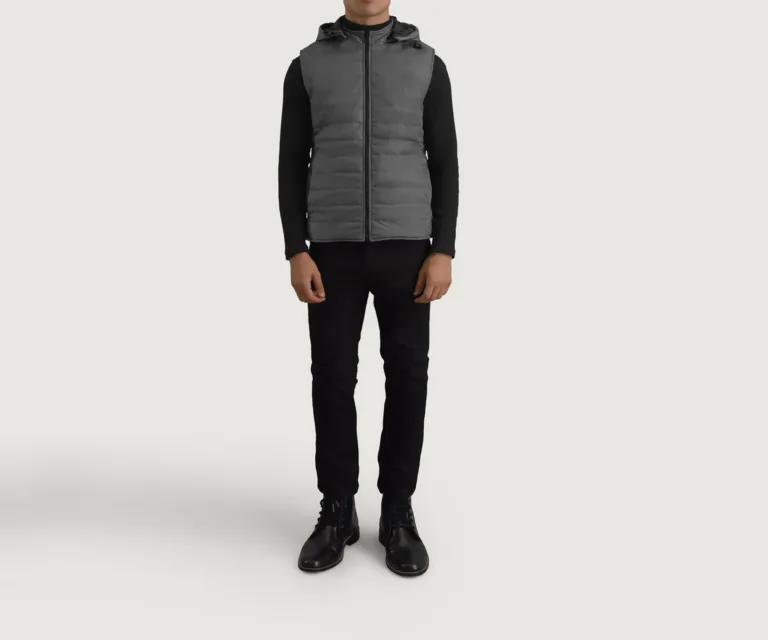 Carlo Grey Hooded Puffer Vest — Side Profile View