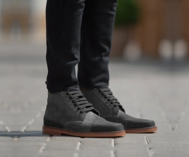 Carnell Moc Toe Grey Suede Boots Handcrafted Men's Footwear — Lateral Profile Hero View