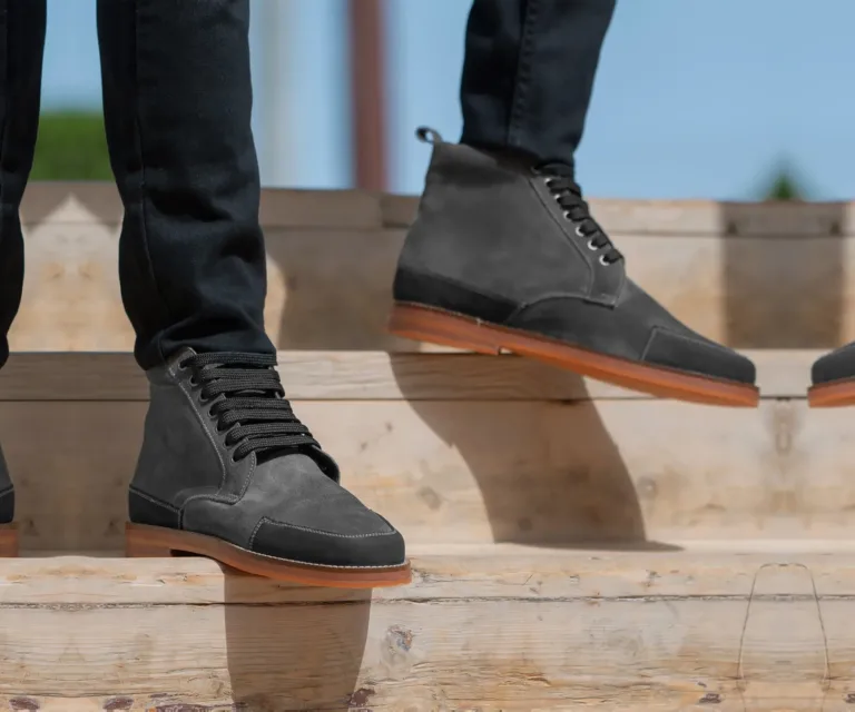 Carnell Moc Toe Grey Suede Boots Handcrafted Men's Footwear — Toe Cap & Vamp Detail