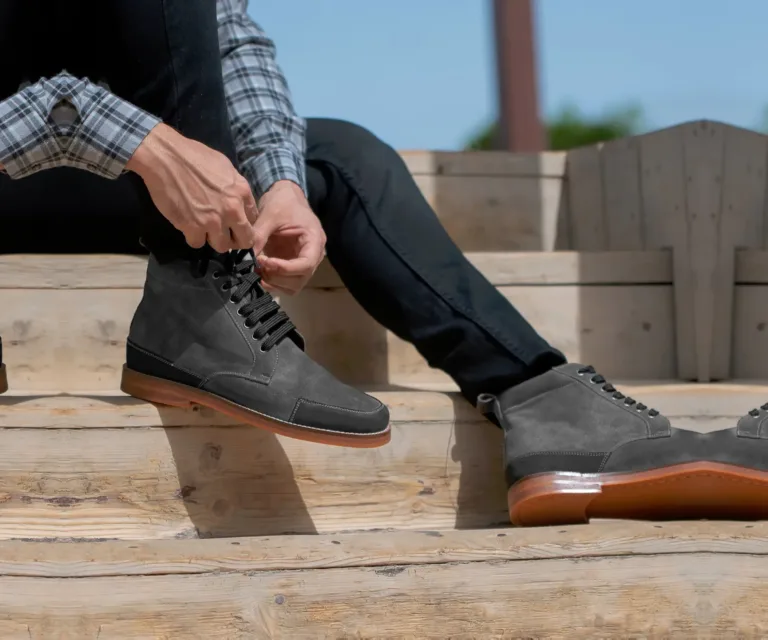 Carnell Moc Toe Grey Suede Boots Handcrafted Men's Footwear — Heel Counter & Rear View