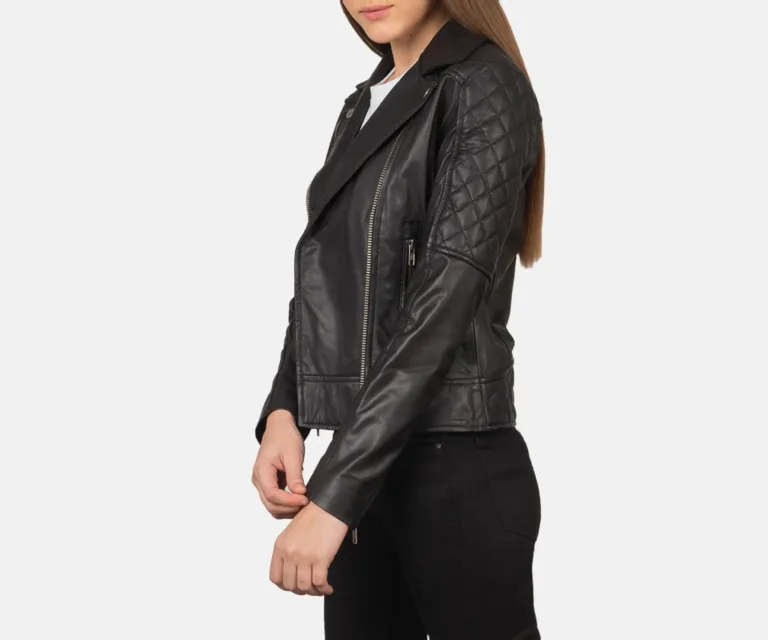 Carolyn Quilted Black Biker Jacket Luxury Women's Biker Jacket — Three-Quarter Editorial Perspective