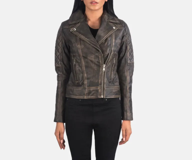 Carolyn Quilted Distressed Brown Biker Jacket Luxury Women's Biker Jacket — Rear Profile & Tailored Seaming
