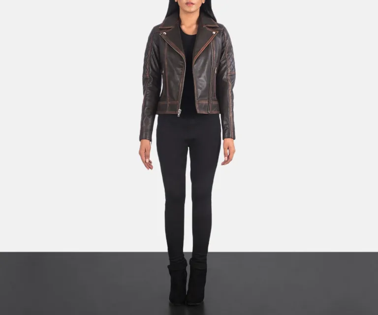 Carolyn Quilted Vintage Brown Biker Jacket Luxury Women's Biker Jacket — Asymmetrical Zipper & Lapel Architecture