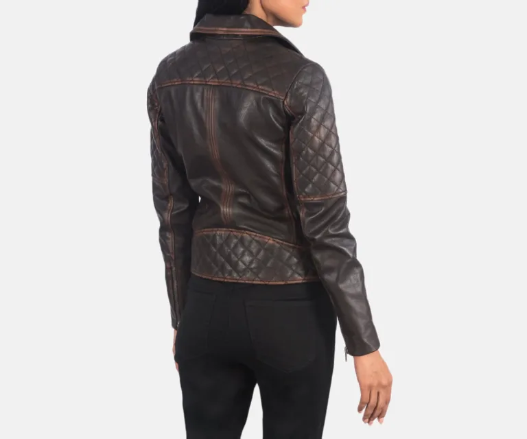 Carolyn Quilted Vintage Brown Biker Jacket Luxury Women's Biker Jacket — Macro Hardware & Leather Grain
