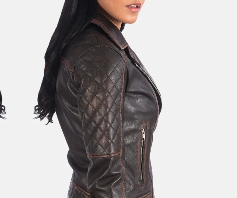 Carolyn Quilted Vintage Brown Biker Jacket Luxury Women's Biker Jacket — Full-Length Silhouette & Drape