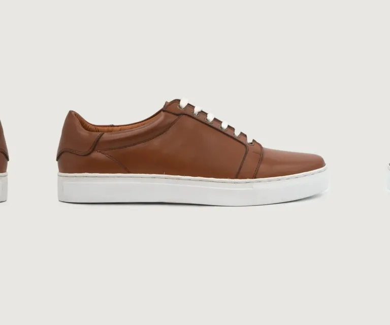 Carter Runn Tan Leather Sneakers Handcrafted Men's Footwear — Three-Quarter Perspective
