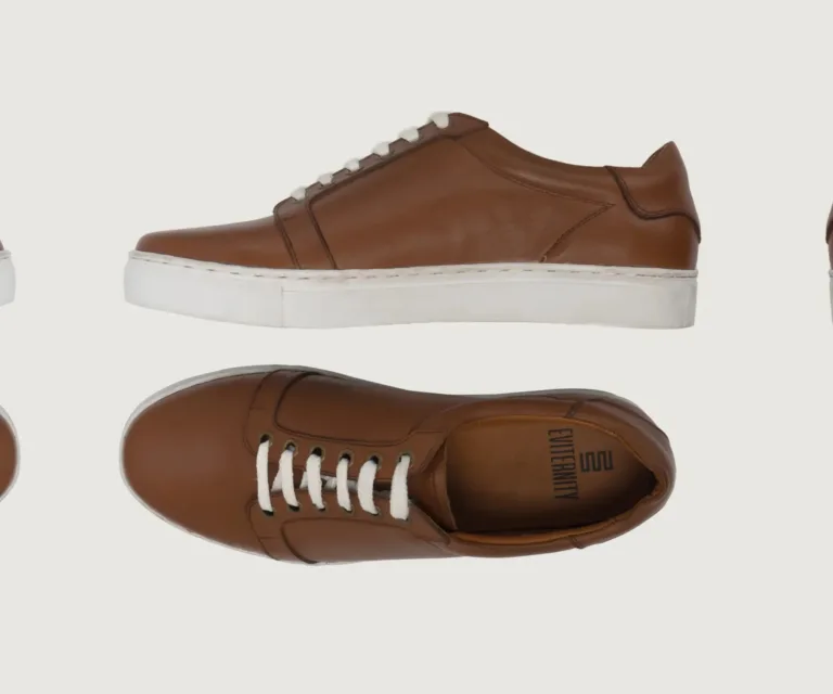 Carter Runn Tan Leather Sneakers Handcrafted Men's Footwear — Heel Counter & Rear View