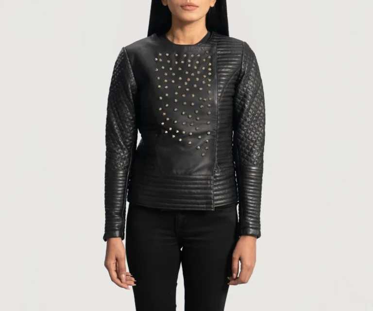 Celeste Studded Black Leather Jacket Luxury Women's Biker Jacket — Front Silhouette Hero Presentation