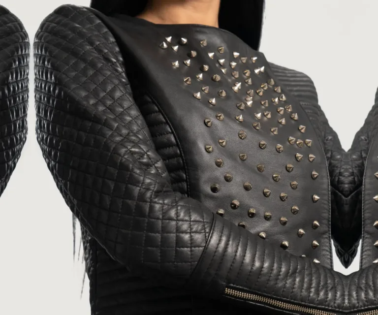Celeste Studded Black Leather Jacket Luxury Women's Biker Jacket — Asymmetrical Zipper & Lapel Architecture