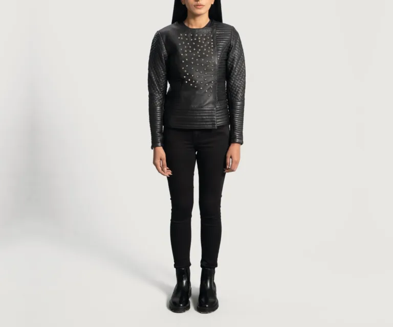 Celeste Studded Black Leather Jacket Luxury Women's Biker Jacket — Rear Profile & Tailored Seaming