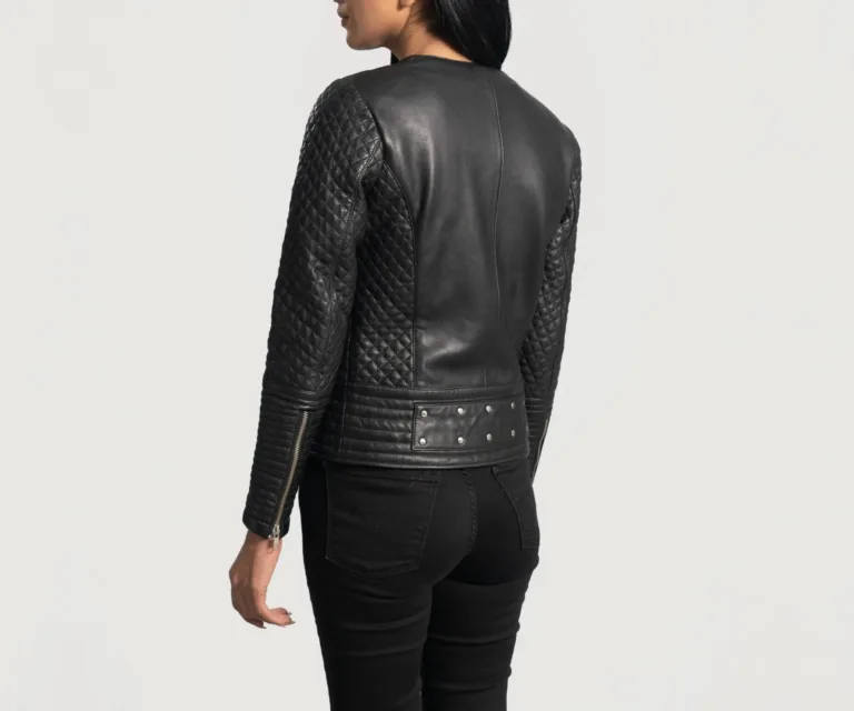 Celeste Studded Black Leather Jacket Luxury Women's Biker Jacket — Macro Hardware & Leather Grain