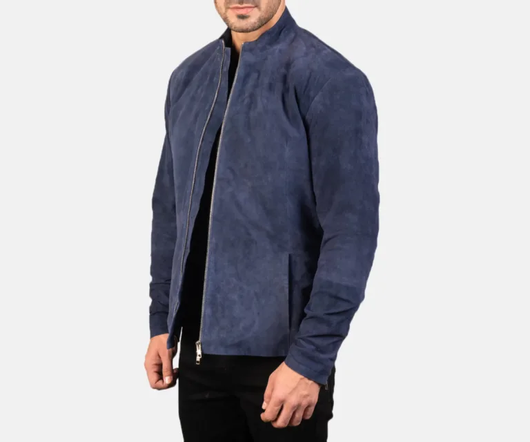 Charcoal Navy Blue Suede Biker Jacket — Quarter Angle Side Profile & Contoured Sleeve Detail
