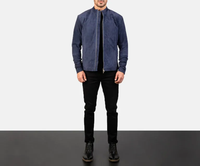 Charcoal Navy Blue Suede Biker Jacket — Front Zipped Placket & Collar Detail