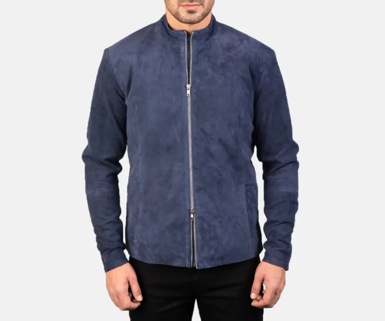 Charcoal Navy Blue Suede Biker Jacket — Rear Back View & Tapered Waistband