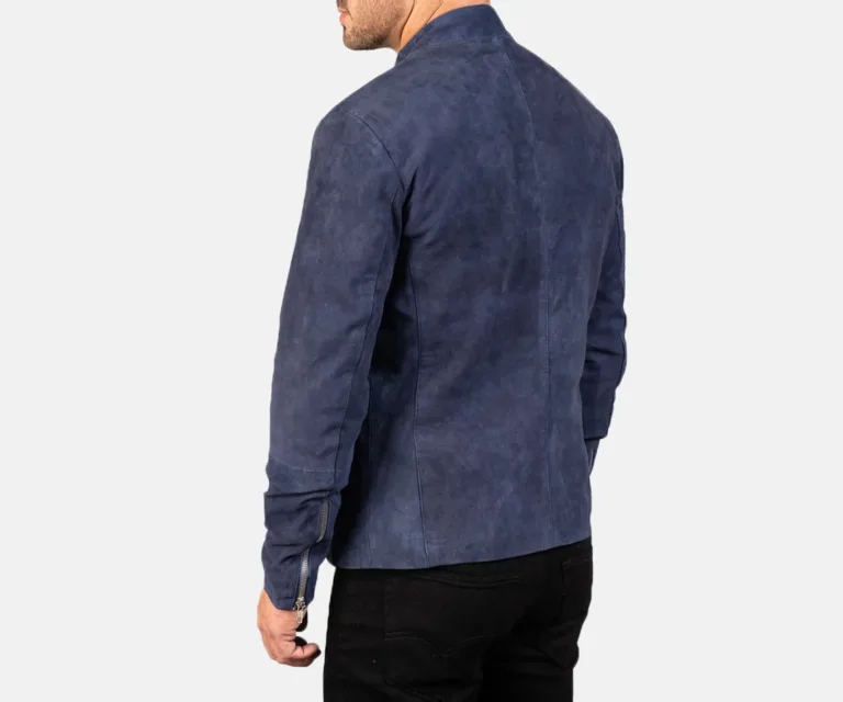 Charcoal Navy Blue Suede Biker Jacket — Macro Detail Hardware, Grain & Stitching