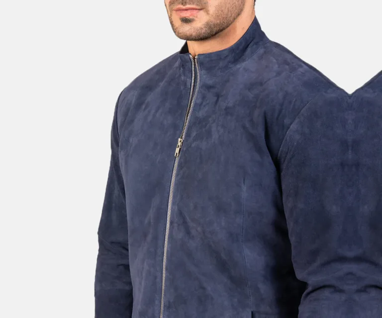 Charcoal Navy Blue Suede Biker Jacket — Editorial Full-Length Head-to-Toe Model Presentation