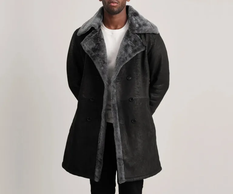 Charles Distressed Black Leather Shearling Double-Breasted Coat — Front Open Hero Presentation