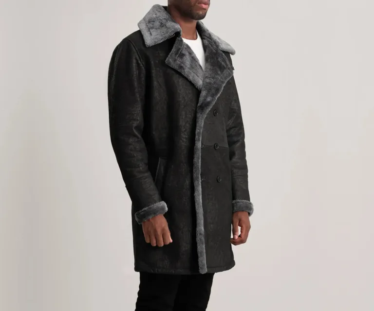 Charles Distressed Black Leather Shearling Double-Breasted Coat — Quarter Angle Profile & Contoured Sleeve Detail