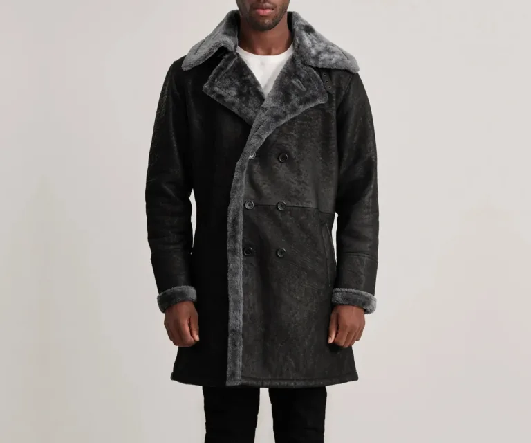 Charles Distressed Black Leather Shearling Double-Breasted Coat — Front Collar & Placket Thermal Detail