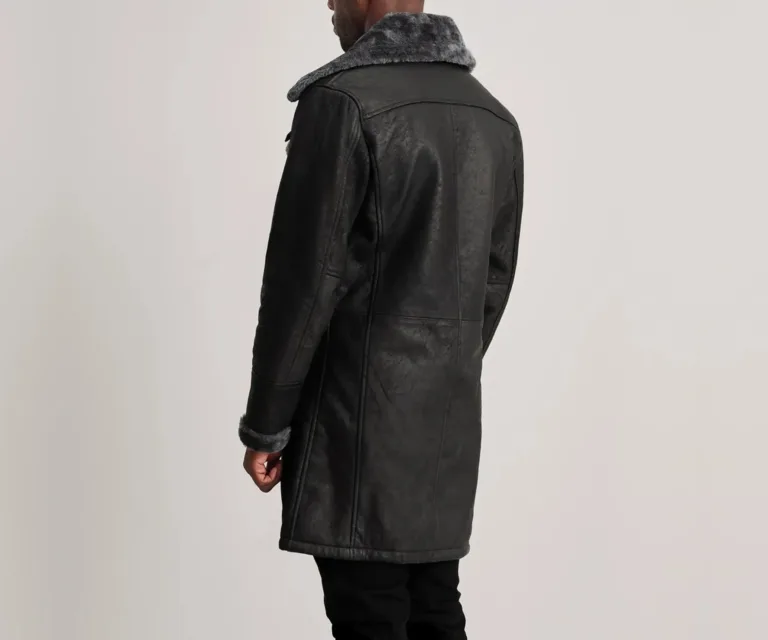 Charles Distressed Black Leather Shearling Double-Breasted Coat — Rear Back View & Tailored Hemline