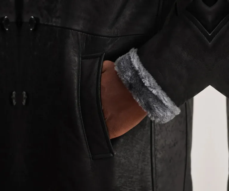 Charles Distressed Black Leather Shearling Double-Breasted Coat — Macro Detail Texture, Stitching & Hardware