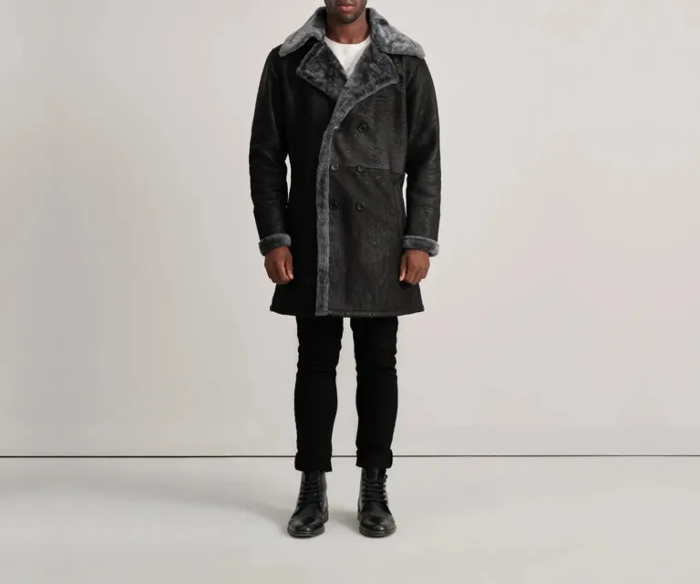 Charles Distressed Black Leather Shearling Double-Breasted Coat — Full-Length Model Editorial Presentation