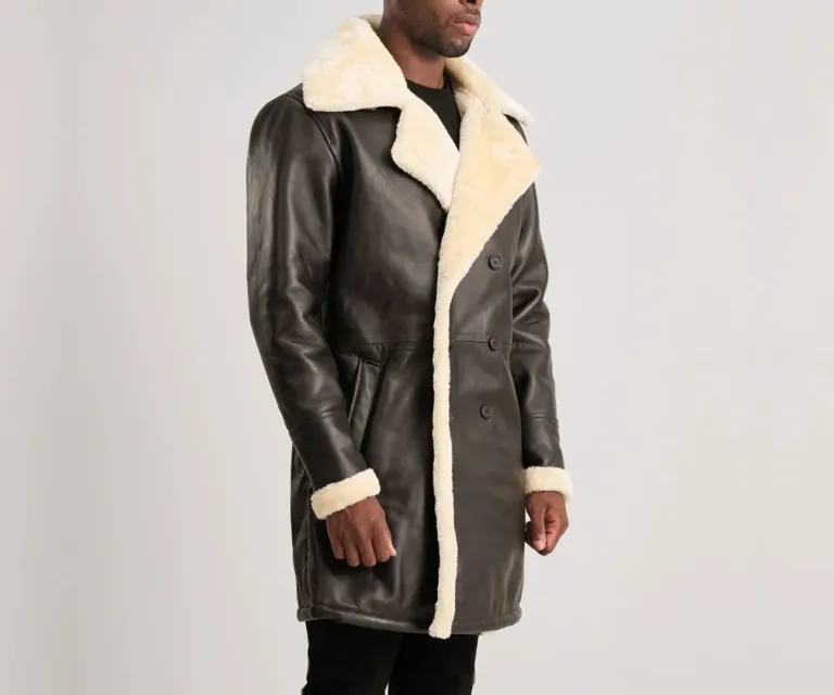 Charles Brown Leather Shearling Double-Breasted Coat — Quarter Angle Profile & Contoured Sleeve Detail