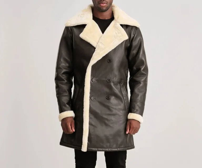 Charles Brown Leather Shearling Double-Breasted Coat — Rear Back View & Tailored Vent Hemline